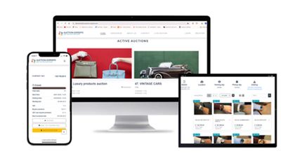 The bidder-facing auction website on a desktop monitor, the mobile app on a phone, and the lot catalogue on a tablet